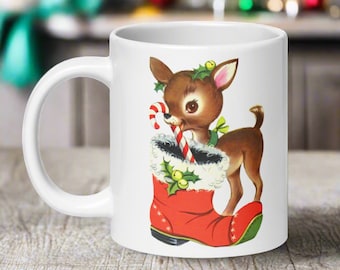 Retro Christmas Reindeer Mug, Vintage Holiday Coffee Cup