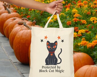 Magic Black Cat Tote Bag, Halloween Bag, Cute Black Cat Lover Gift, Eco-Friendly Shopping Bag, Pet Lover Accessory, Witchy Decor, Void Decor