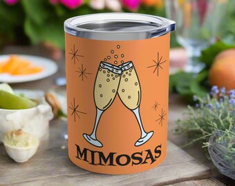 Mimosas Orange Travel Tumbler Mug 10oz Stainless Steel Atomic Retro Champagne Unique Cute Gift For Sunday Brunch Her Bachelorette Glamping