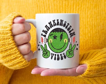 Halloween Mug Frankenstein Vibes Distressed Monster Print Ceramic Coffee Cup Unique Spooky Cute Gift For Friend Him Her Gothic Decor