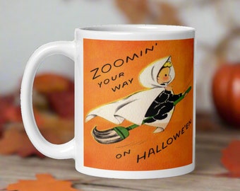 Halloween Mug Zoomin' Your Way On Halloween Cute Flying Witch Retro Vintage Ceramic Coffee Cup Unique Spooky Cute Gift For Friend Fall Decor