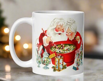 Santa And Mrs Claus Christmas Mug Making Christmas Cheer Midcentury Retro Vintage Ceramic Cup Unique Cozy Cute Winter Holiday Gift For Her