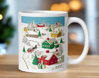 Retro Christmas Mug Cozy Snowy Village Town Unique Cute Gift For Friend Him Her Winter Holiday Coffee Ceramic Cup Hot Drink Tea Kitchen