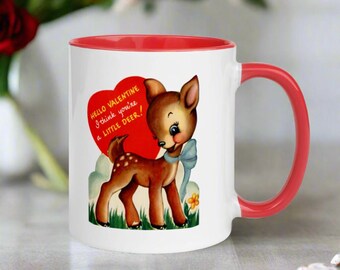 Vintage Valentine's Day Deer Mug, Kitsch Ceramic Coffee Cup