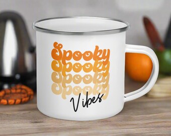 Halloween Mug Spooky Vibes Enamel Hot Chocolate Camping Kids Cup Retro Style Unique Cute Spooky Season Gift For Friend All Autumn Drinkware