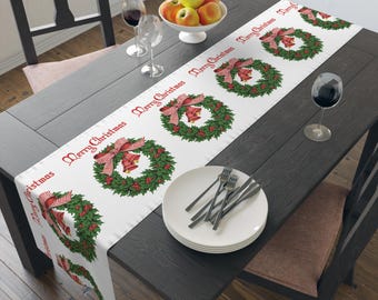 Christmas Wreath Table Runner, Holiday Table Decor, Xmas Dinner Decoration, Festive Dining Accent, Vintage Style Cloth, Merry Christmas Gift