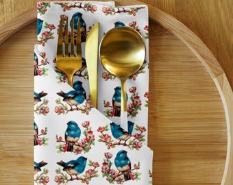 Retro Spring Bluebird Cloth Napkin Set Cherry Blossom Design (Set of 4) Fabric Table Linen Decor Mother's Day Vintage Kitchen Dining Home