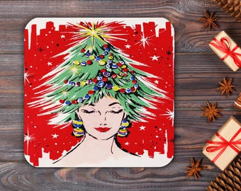 Cute Christmas Coaster Christmas Tree Hat Lady Midcentury Retro Vintage 1950s Unique Cozy Cute Winter Holiday Table Decor Glossy Gift For