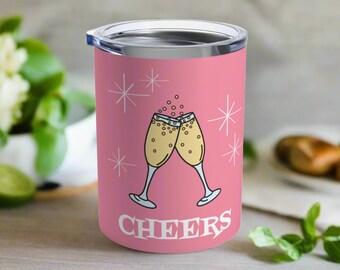 Cheers Pink Travel Tumbler Mug Stainless Steel Atomic Era Champagne Unique Cute Congratulations Engagement Shower Favor Gift For Friend Her