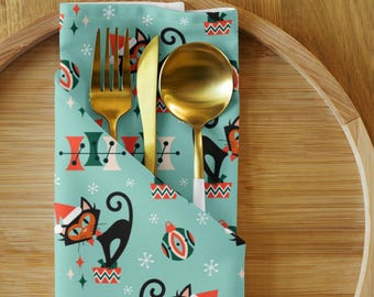 Atomic Black Cats Napkin Set, Midcentury Blue Christmas Linens, Retro Santa Hat Cats, Holiday Table Decor, Christmas Napking Cloth Set of 4
