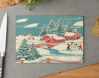 Winter Village Tempered Glass Cutting Board | Retro Cottage Kitchen Decor