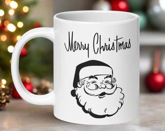 Retro Merry Christmas Santa Mug Midcentury Vintage Ceramic Glossy Coffee Cup Unique Cozy Cute Winter Holiday Season Gift For Him Her Friend
