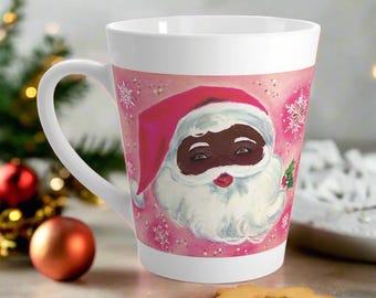 Christmas Latte Coffee Mug Pink Black Santa 1950s Midcentury Vintage Retro Ceramic Cup Unique Diverse Cozy Cute Winter Holiday Gift Kitchen