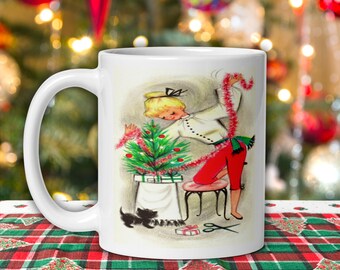 Christmas Mug Woman And Little Dog Decorating Christmas Tree Retro Mid Century 1950s Vintage Print Cute Housewife Ceramic Coffee Cup Gift