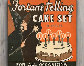 Halloween Canvas Fortune Telling Cake Set Retro Vintage 1950s 1960s Witch Art Print Gallery Wrap Wall Decor Gift Unique Spooky Cute