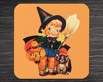 Cute Coaster Little Halloween Witch Cat Retro Vintage Illustration Cork-back Glossy Unique Spooky Cute Decor Gift For Friend Witchy Home