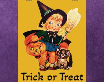 Charming Halloween Posters, Vintage Trick or Treat Decor, Cute Witch Art, Kids Room Wall Art, Spooky Season Poster, Retro Halloween Witch