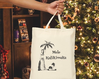 Mele Kalikimaka Cotton Canvas Tote Bag Hawaiian Holiday Gift Eco-Friendly Shopping Bag Beach Tote, Christmas Shopping Unique Tropical Vibes