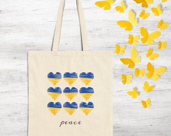 Peace For Ukraine Hearts Cotton Canvas Tote Bag Eco-Friendly Grocery Beach Bag Travel Gift For Friends Reusable Shopping