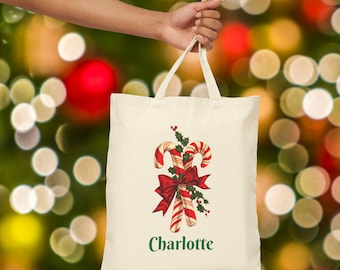 Personalized Christmas Tote Bag, Holiday Gift Bag, Reusable Grocery Tote, Custom Canvas Bag for Shopping, Candy Cane Design