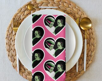 Bride of Frankenstein And Monster Pink Cloth Napkins - Set Of 4, Gothic Hearts Pink Table Decor, Halloween Fall, Romantic Goth Fabric
