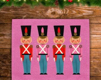 Christmas Toy Soldiers Christmas Placemats Set Of Four | Vintage Pink Christmas Kitsch Table Decor | Midcentury Retro Christmas Art |