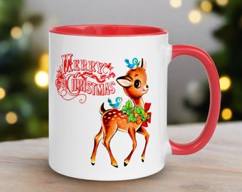 Retro Reindeer Christmas Coffee Mug: Kitsch Ceramic with Red Interior