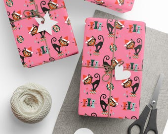 Atomic Christmas Black Cats With Presents Atomic Retro Christmas Style Gift Wrap Paper - Glossy Or Matte, Holiday Paper, Kitsch Gift Wrap