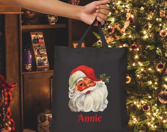 Personalized Santa Tote Bag for Christmas, Holiday Gift Bag, Reusable Shopping Tote, Eco-Friendly Carryall, Custom Name Bag, Retro Santa