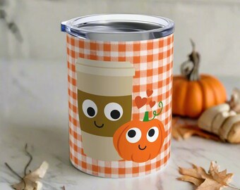 Stainless Steel Tumbler, Pumpkin Spice Love Tumbler 10oz, Orange Gingham Cup, Fall Autumn Mug, Unique Cozy Gift For Him Her, Coffee Hot Tea