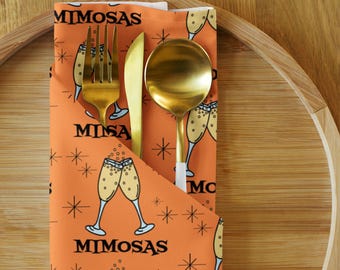 Mimosas Napkin Set, Retro Brunch Decor, Orange Midcentury Table Linens, Champagne Glass Atomic Style, Set of 4 Cloth Napkins, Fabric Napkins