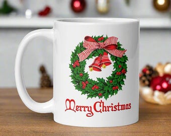 Merry Christmas Wreath Mug Bow Bells Retro Midcentury Vintage Unique Cozy Cute Ceramic Coffee Cup Winter Holiday Nostalgic Gift For Her Him