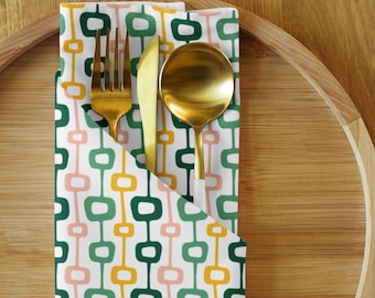 Atomic Squares Napkins Set, Midcentury Modern Tableware, Retro Fabric Linens, Hostess Gift, Lightweight Cloth Napkins, Spring Decor, Vintage