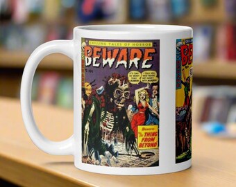 Beware Vintage Gothic Horror Comic Book Covers Glossy Coffee Mug Ceramic Cup Unique Gift For Collector Halloween For Him Her Friend