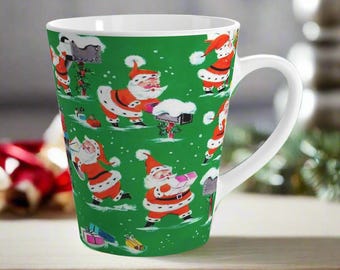 Santa Christmas Mug Busy Mailing Presents Midcentury Retro Vintage Latte Ceramic Coffee Cup Unique Cozy Cute Winter Holiday Gift For Him Her