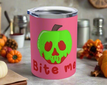 Halloween Travel Tumbler Mug Bite Me Snow White Evil Queen Poison Apple Pink Stainless Steel Vacuum Insulated 10oz Unique Cute Gift For Her