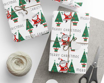 Merry Christmas Santa Christmas Trees Mid Century Retro Christmas Print Gift Wrap Paper - Glossy Or Matte, Midcentury Holiday Decor, Vintage