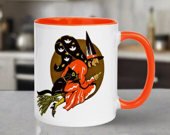 Halloween Coffee Mug, Flying Witch Cup, Black Cat Gold Moon, Retro Vintage Ceramic Coffee Cup, Unique Spooky Cute Gothic Gift For Friend Her
