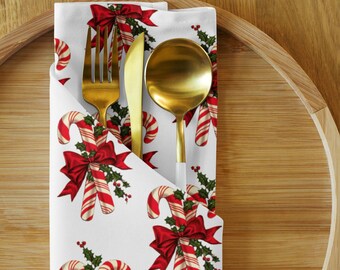 Retro Candy Cane Cloth Napkin Set, Midcentury Holiday Napkins, Christmas Table Decor, Festive Napkins, Holly, Holiday Hostess Gift, Set of 4