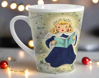Midcentury Christmas Angel Latte Mug, Retro Holiday Ceramic Cup
