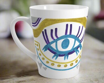 Celestial Latte Mug, Modern Ancient Egypt Evil Eye Protection Coffee Cup, Spiritual Gift, Mystical Boho, Handdrawn Artwork by Caden Caraco