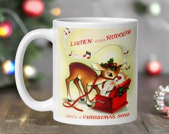 Rudolph The Red Nosed Reindeer Christmas Mug | Retro Christmas Cup | Midcentury Vintage Coffee Cup Unique Cozy Cute | Christmas Record Mug