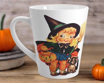 Vintage Halloween Latte Mug, Ceramic Cup for Friend, Cute Witch Cat Retro 1960s Kitsch Spooky Coffee Cup, Gift Idea, Unique Cozy Cute