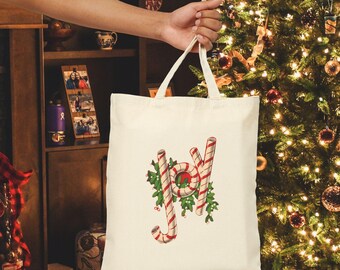 Midcentury Retro Christmas Joy Candy Canes Tote Bag, Holiday Shopping Bag, Festive Gift Bag, Winter Shoulder Tote, Vintage Style Tote, Retro