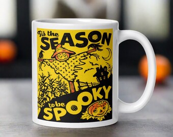 Halloween Mug Tis The Season To Be Spooky Scarecrow Jack O Lantern Retro Halloween Print Glossy Ceramic Coffee Cup Unique Spooky Cute Gift