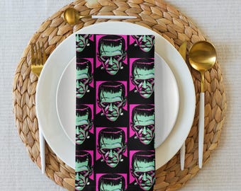 Retro Frankenstein Cloth Napkin Set, Midcentury Halloween Decor, Pink Monster Napkins, Spooky Cloth Table Linens, Set of 4, Vintage Gothic