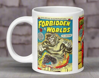 Comic Book Mug Halloween Gothic Horror Forbidden Worlds Vintage Retro Mummy Skeleton Ceramic Coffee Cup Spooky Unique Gift for Friend Him