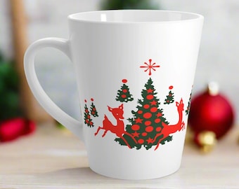 Christmas Latte Coffee Mug Red Reindeer Trees Mid Century Retro Ceramic Coffee Cup Unique Cozy Cute Drinkware Tea Gift For Him Her Friend