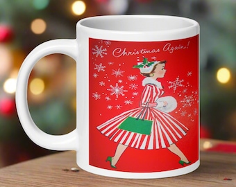 Retro Christmas Lady Coffee Mug, Mid Century Housewife Holiday Decor