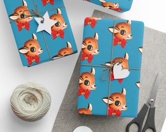 Wrapping Papers, Christmas Reindeer Gift Wrap Red Bow Blue Midcentury Retro Vintage Unique Cute Holiday Wrapping Roll Glossy Matte Winter